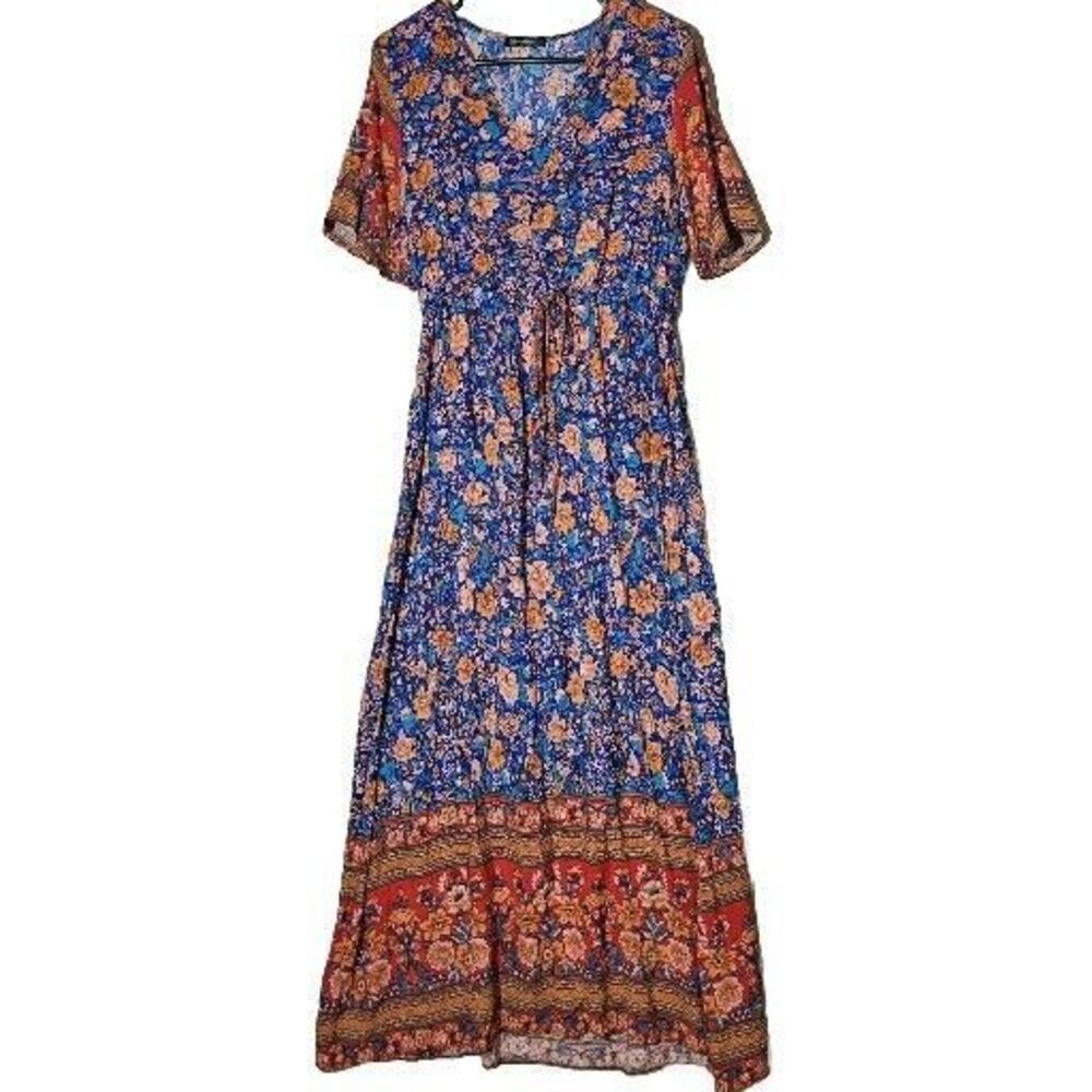 Boho Hippie Flower Maxi Dress Size Large Blue Orange Vacation Chic Soft  Cool